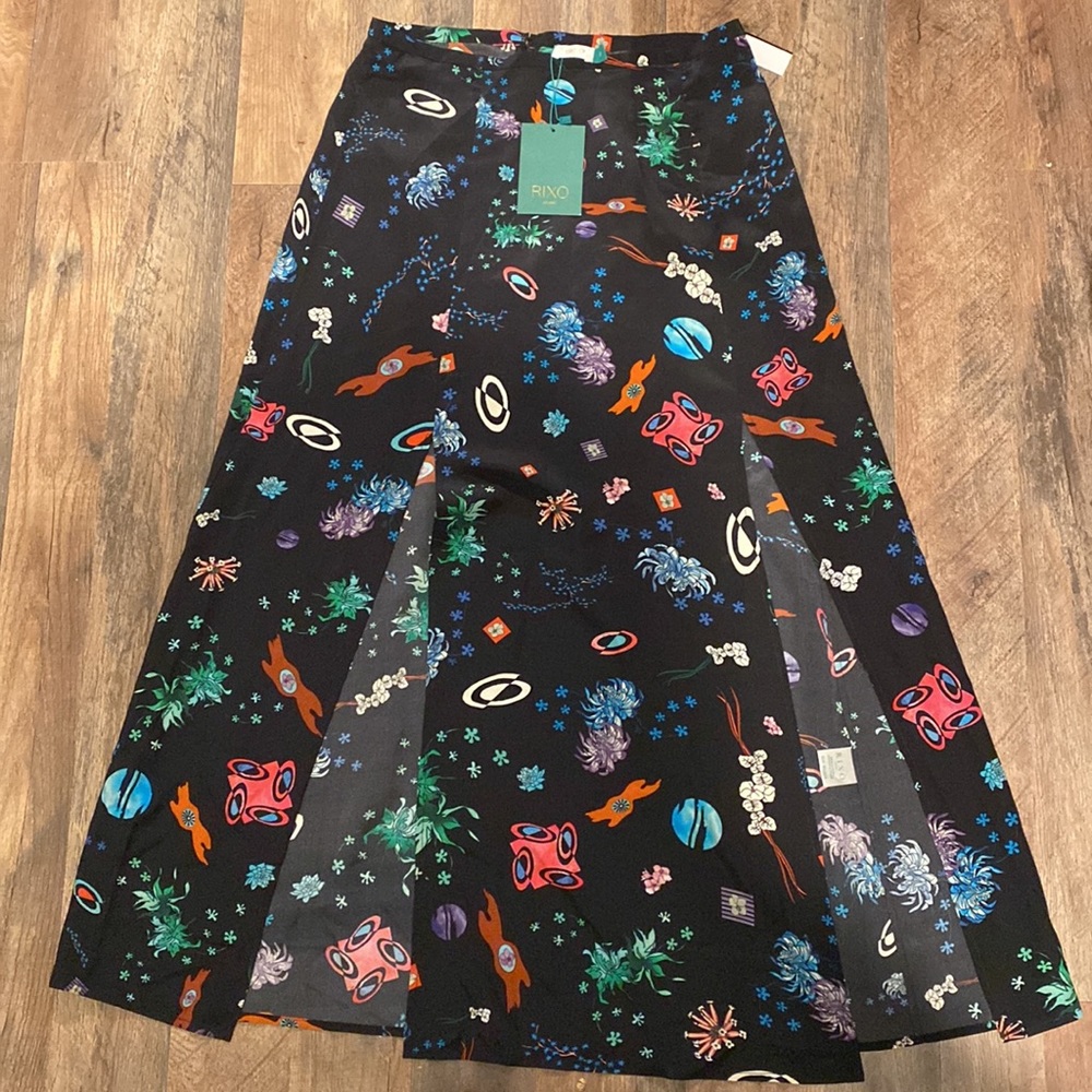 Rixo London Thaila Space Silk Midi Skirt with Thigh Slit Size M Margo Robbie - Picture 4 of 13